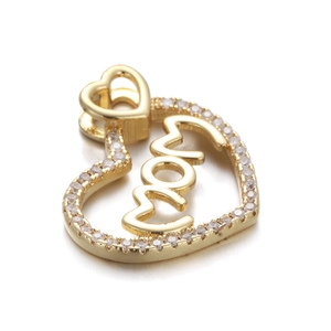 Detail of gold heart pendant featuring MOM lettering and shimmering cubic zirconia