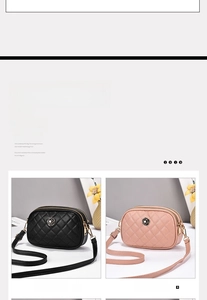 Close-up of quilted camera bags in black and pink with camellia metal logos