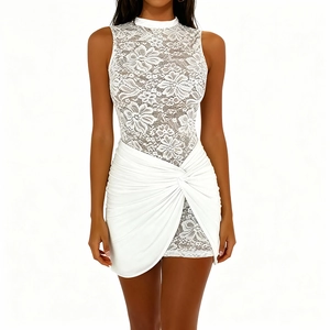 Detail of high mock neck and intricate floral lace pattern on white bodycon dress
