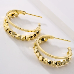 French style double hoop gold earrings with textured cubic beads and S925 silver posts