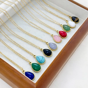 18k gold plated stainless steel necklaces with colorful teardrop gemstone pendants