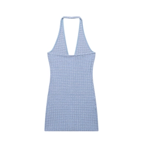 Light blue halter neck knit dress with waffle texture in a stylish slim fit design