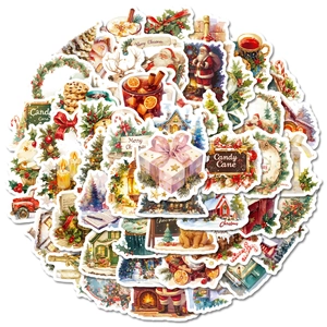 Stack of 50 colorful Christmas cartoon stickers featuring Santa, trees, and reindeer
