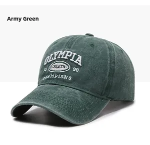 Detail of army green washed baseball cap with white athletic embroidery and stitching