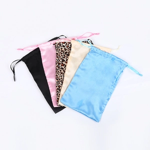 Silk satin drawstring storage bags in black, pink, leopard, beige and blue colors