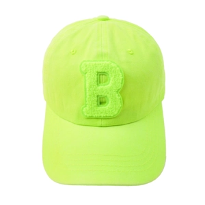 Detail of neon yellow baseball cap featuring a green chenille patch letter B design