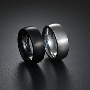 Minimalist 8mm brushed tungsten carbide rings in black and silver finishes
