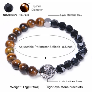 Tiger eye and lava stone beaded bracelet with adjustable stainless steel strap 8mm
