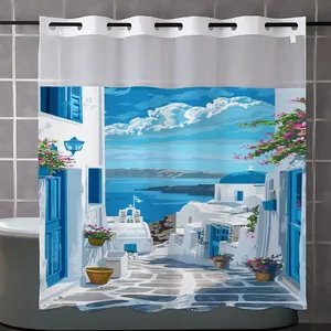 Detail of Mediterranean landscape print shower curtain with Santorini buildings and sea