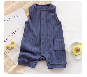 Detail of navy knit baby romper featuring vertical stripes and wooden button closure