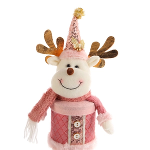 Pink plush reindeer Christmas candy jar with golden antlers and sequins for gifts