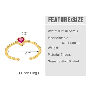 Detailed size specifications for heart-shaped red zircon gold beaded open ring