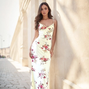 Detail van de strakke bloemen maxi-jurk met spaghettibandjes en rozenprint op satijnstof