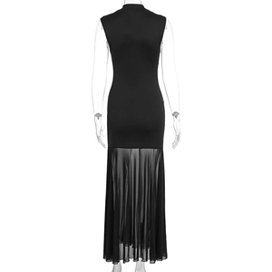Detail of slim fit sleeveless dress with contrast mesh panel and elegant high neck