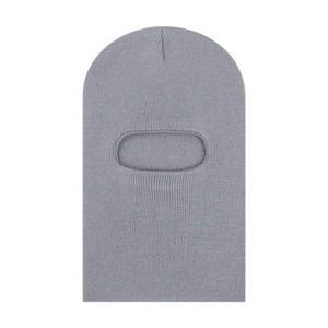 Detail view of grey ribbed knit balaclava for kids with soft thermal winter fabric