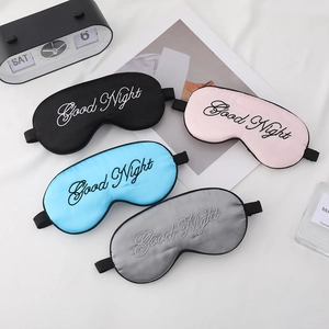 Silky satin sleep masks with Good Night embroidery in black pink blue and grey