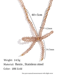 Champagne crystal bow necklace with 18K gold stainless steel beads, 40+5cm length