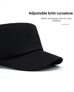 Close-up of black cotton military hat featuring a widened foldable brim for face framing