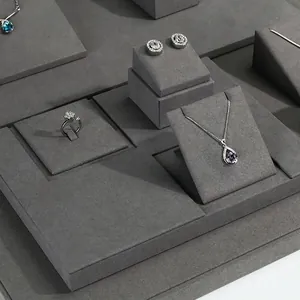 Grey velvet jewelry display stand set including necklace boards and ring holders