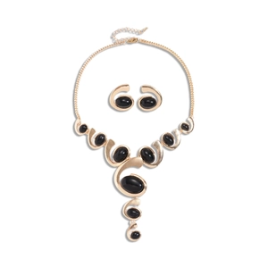 Two-piece jewelry set with gold metal oval earrings and matching geometric necklace