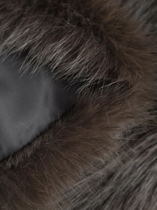 Detailed close-up of premium faux fur vest showing dark brown texture and black satin lining
