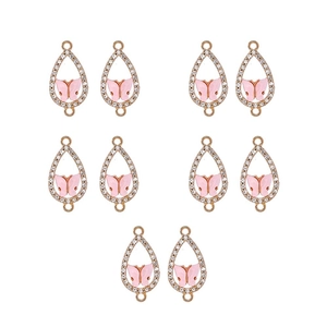 Macro view of 10 gold-plated teardrop connectors with pink butterflies and rhinestones