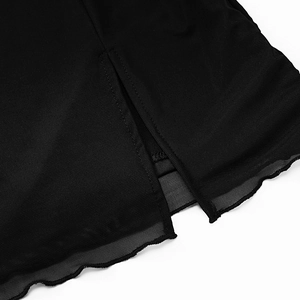 Detail of sheer black double-layered mesh fabric featuring wavy ruffled edges and side slit
