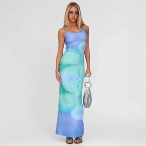 Slim-fit backless maxi dress with blue watercolor tie-dye print and thin straps