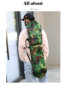 Waterproof camouflage bag for skateboards and fishing rods shown on shoulder