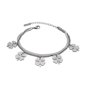 Double-layered silver titanium steel clover bracelet featuring snake and link chains