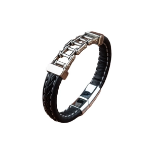 Men's black braided PU leather bracelet with silver alloy bicycle chain and magnetic clasp
