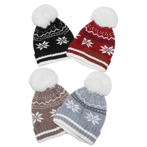 Winter knit hats for kids with snowflake patterns and faux fur pom-poms in four colors
