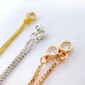 18k gold plated adjustable box chain necklace extenders with round crystal charm detail