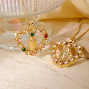 Exquisite gold-plated heart Virgin Mary necklaces with colorful cubic zirconia accents