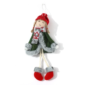 Christmas angel doll ornament with red knit hat, green shawl and red boots for tree decor