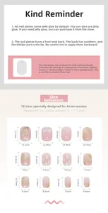Size chart showing 12 dimensions of pink press-on nails with bow and glitter details