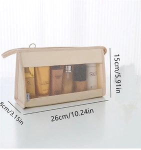 Detail of travel toiletry bag with mesh window and convenient top handle