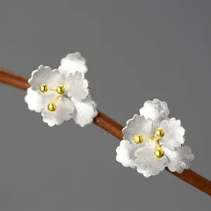 925 Sterling Silver Begonia Flower Stud Earrings Fresh Sweet Sandblasting Matte Silver Gold Two-Tone Floral Earrings Women Jewelry