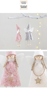 Close-up of knitted angel Christmas tree ornaments with glitter stars and wooden heads