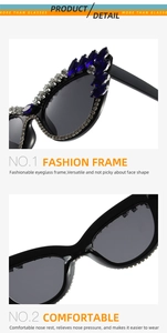 Detail showing handcrafted blue crystal rhinestones on luxury cat eye sunglasses frames