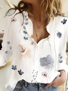 Chemisier Pour Femmes Imprimé Floral Polyester Élasthanne Manches Longues Revers Boutonné Décontracté Bureau Vacances