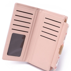 Pink PU leather long wallet for women featuring multiple card slots and an ID window