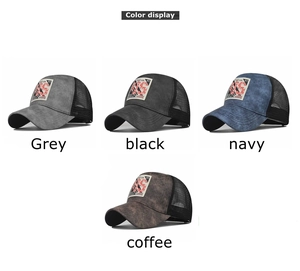 Detail of outdoor mesh trucker hats in grey, black, navy and coffee with lightning patches