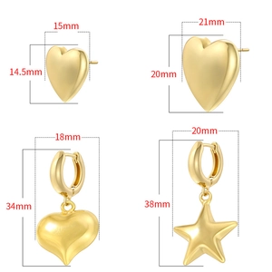 Polished gold plated heart and star earrings set with precise size measurements in mm