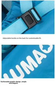 Detail of adjustable buckle and strap with white UMA lettering on blue sun hat