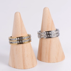 Double-row cubic zirconia wide band ring in gold and silver finish with polished surface