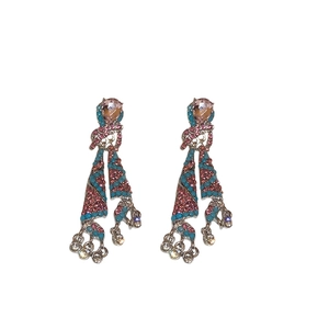 Vintage oval earrings with pink and turquoise rhinestones and silver tassels