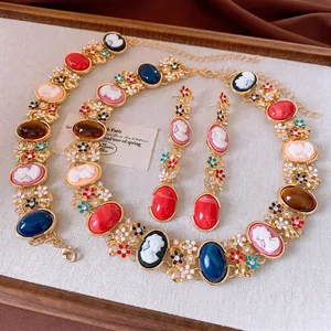 Parure Bijoux Vintage Palais Français Alliage Résine Camée Pierre Précieuse Colorée Collier Boucles Silver Earring Post