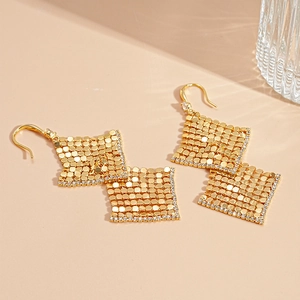 18k gold plated geometric double diamond shape drop earrings with shimmering zircon accents