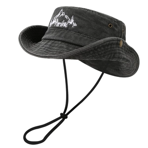 Outdoor hiking boonie hat in charcoal grey washed canvas with mountain forest embroidery